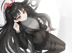 1girl absurdres black_hair black_pantyhose black_skirt blue_archive breasts ddungddang hair_ornament hairclip highres looking_at_viewer lying miniskirt pantyhose red_eyes rio_(blue_archive) skirt solo thigh_strap