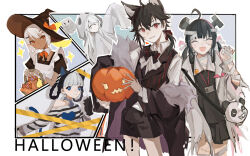 18_kawaki 1boy 4girls ahoge alternate_costume animal_ears apron bambinata_(pgr) bandage_over_one_eye bandaged_arm bandaged_head bandaged_leg bandages bandaid bandaid_on_face bandaid_on_nose bell black_bow black_bowtie black_hair black_hat black_jacket black_shirt black_shorts black_skirt blue_eyes bow bowtie braid braided_hair_rings cat_ears cat_tail changyu_(pgr) changyu_(punishing:_gray_raven) closed_eyes closed_mouth collar collared_shirt cosplay crossed_bangs dark-skinned_female dark_skin drone fake_animal_ears fake_tail food frankenstein&#039;s_monster frankenstein&#039;s_monster_(cosplay) fur_collar ghost_costume grey_eyes grey_hair hair_between_eyes hair_ornament hair_rings halloween_costume hat hat_bow heart heart-shaped_pupils highres holding holding_food holding_pumpkin holding_vegetable jack-o&#039;-lantern jacket jingle_bell lab_coat long_hair medium_hair multicolored_hair multiple_girls neck_bell no._21_(pgr) open_mouth orange_bow orange_bowtie panda pulao_(pgr) pumpkin punishing:_gray_raven red_eyes shirt short_sleeves shorts sidelocks skirt sophia_(pgr) stitched_face stitches striped_clothes striped_shirt symbol-shaped_pupils tail two-tone_hair vegetable vertical-striped_clothes vertical-striped_shirt werewolf_costume white_apron white_hair white_shirt witch_hat wolf_ears x_hair_ornament