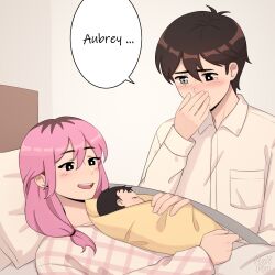 1boy 2girls :d absurdres aged_up alternate_hair_length alternate_hairstyle antenna_hair aoiro_arts artist_name aubrey_(faraway)_(omori) aubrey_(omori) baby black_eyes blush bright_pupils collared_shirt commentary covering_own_mouth double-parted_bangs earrings english_commentary english_text father_and_daughter grey_eyes hair_behind_ear hair_between_eyes head_on_pillow heterochromia highres if_they_mated indoors jewelry long_sleeves looking_at_another lying medium_hair mother_and_daughter multicolored_hair multiple_girls omori on_back open_mouth pillow roots_(hair) scar scar_across_eye scar_on_face shirt short_hair smile speech_bubble stud_earrings sunny_(omori) tearing_up teeth upper_body upper_teeth_only white_pupils white_shirt