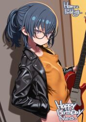 1girl alice_gear_aegis artist_name black-framed_eyewear black_jacket blue_hair breasts closed_mouth covered_erect_nipples covered_navel glasses guitar happy_birthday highres holding holding_guitar holding_instrument instrument itokura_neo jacket leather leather_jacket looking_at_viewer ponytail puddinghomhom purple_eyes signature small_breasts solo