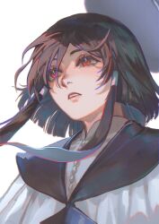 1boy aged_down androgynous aubergrin black_hair black_sailor_collar bob_cut buttons capelet child collared_shirt commentary easthies_(tongari_boushi_no_atelier) english_commentary floating_hair front_ponytail hair_between_eyes highres ibispaint_(medium) looking_ahead male_focus parted_lips portrait red_eyes sailor_collar shirt short_hair_with_long_locks simple_background solo teeth tongari_boushi_no_atelier white_background white_capelet white_shirt