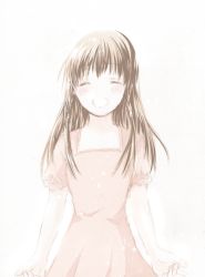 1girl brown_hair closed_eyes dress female_focus fruits_basket honda_tooru ichika11030 long_hair open_mouth pale_color pink_dress puffy_short_sleeves puffy_sleeves short_sleeves smile solo
