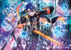1boy alternate_costume ankle_boots aqua_eyes astel_leda azuma_hatori barcode black_boots black_gloves black_jacket black_kimono black_socks blonde_hair blue_hair boots bridge building city colored_inner_hair copyright_notice covered_collarbone cube curtained_hair earpiece explosion feet_out_of_frame floating floating_object from_above gloves gun gunblade hair_between_eyes hand_on_own_ear haori holding holding_gun holding_weapon holostars jacket japanese_clothes jewel_under_eye kimono looking_at_viewer male_focus multicolored_hair night official_art open_clothes open_jacket orange_gloves orange_jacket orange_sash parted_lips sample_watermark science_fiction serious short_hair shoulder_belt shoulder_guard skyscraper socks solo streaked_hair trigger_discipline two-sided_fabric two-sided_jacket two-tone_gloves upturned_eyes v-shaped_eyebrows walking watermark weapon wind