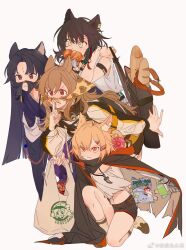 4girls animal_ears arknights bag bag_of_chips baguette bandana bandana_over_mouth beads bread cameo cape ceobe_(arknights) chinese_commentary commentary croissant_(arknights) cup_ramen dog_ears dog_girl donut earrings english_text exusiai_(arknights) food fox_ears fox_girl highres jewelry latutou1 linked_sausages lunacub_(arknights) material_growth mixed-language_text multiple_girls nian_(arknights) oripathy_lesion_(arknights) plastic_bag prayer_beads prosthesis prosthetic_arm quiver saga_(arknights) shorts vermeil_(arknights) white_background wolf_ears wolf_girl