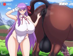 1girl animal animal_penis anus bb_(fate) bestiality breasts cloud curvy fate/grand_order fate_(series) field gloves grass_field highres horse horse_penis huge_breasts huge_penis imminent_penetration interspecies large_penis large_testicles long_hair looking_at_viewer matching_hair/eyes ntremi one-piece_swimsuit outdoors penis purple_hair recording sky smegma smile swimsuit testicles thick_thighs thighs uncensored