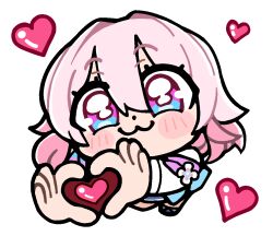 1girl :3 bkub blue_boots blue_eyes blue_jacket blue_skirt blush_stickers boots chibi chibi_only closed_mouth dot_nose four-finger_heart_hands full_body guest_art hair_between_eyes heart heart_hands honkai:_star_rail honkai_(series) jacket long_sleeves looking_at_viewer march_7th_(honkai:_star_rail) march_7th_(preservation)_(honkai:_star_rail) medium_hair multicolored_eyes official_art pink_eyes pink_hair pink_jacket shirt simple_background skirt solo transparent_background two-tone_eyes white_shirt