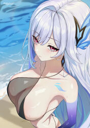 1girl absurdres ass beach bikini black_bikini breasts cleavage collarbone commentary_request earrings elbow_gloves genshin_impact gloves hair_ornament highres jewelry large_breasts long_hair outdoors purple_eyes purple_gloves see-through_cleavage see-through_clothes skirk_(genshin_impact) solo swimsuit twitter_username uningmeow very_long_hair water