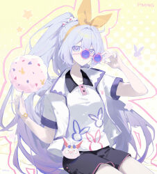 1girl absurdres adjusting_eyewear ahoge alternate_costume artist_name black_shorts blue_eyes chinese_commentary commentary_request cotton_candy food highres holding holding_cotton_candy holding_food honkai_(series) honkai_impact_3rd jacket kiana_kaslana long_hair pmg ponytail shirt shorts solo very_long_hair white_hair white_jacket white_shirt yellow_background