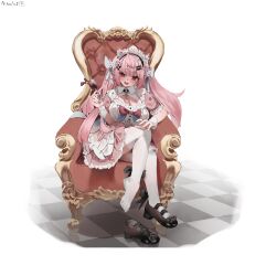 1girl :3 absurdres ahoge animal_ears animal_print ankle_bow ankle_ribbon armchair artist_name asahiske bandaid bandaid_hair_ornament belt black_bow black_choker black_shoes blue_bow blush bow braid breasts buckle cat_choker cat_ears cat_girl cat_print chair checkered_floor choker cleavage cleavage_cutout clothing_cutout collarbone collared_dress commentary crossed_bandaids cup dress drink extra_ears fish_hair_ornament hair_bow hair_ornament hairclip heart heart-shaped_buckle heart_hair_ornament high_heels highres holding holding_cup indie_virtual_youtuber knees_up large_breasts long_hair looking_at_viewer maid maid_headdress o-ring o-ring_choker open_mouth parallel_hairclips paw_print pink_belt pink_bow pink_dress pink_eyes pink_hair pumps ribbon shoes short_sleeves simple_background single_shoe sitting smile solo thighhighs thighs two_side_up virtual_youtuber white_background white_thighhighs white_wrist_cuffs wing_hair_ornament wrist_cuffs yuuki_sakuna