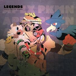 1other ambiguous_gender apex_legends bloodhound_(apex_legends) blue_eyes bright_pupils brown_jacket clenched_hand commentary copyright_name crossover dame_(dame_ice) dated dusk_ball fang friend_ball gen_2_pokemon gen_7_pokemon gloves goggles helmet highres jacket murkrow nintendo open_mouth poke_ball pokemon pokemon_(creature) pouch red_eyes red_gloves rockruff symbol-only_commentary white_pupils