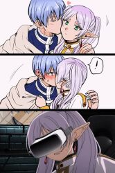 Rule 34 | 1boy, 1girl, artist request, black choker, blue hair, blue shirt, blush, capelet, chair, choker, clenched teeth, cloak, clothes pull, comic, computer keyboard, crying, earrings, frieren, gold trim, green eyes, head-mounted display, head tilt, heart, himmel (sousou no frieren), hood, hood down, hooded cloak, jewelry, keyboard, kiss, light blue hair, long hair, looking down, medium hair, monitor, nails, pointy ears, sad, shadow, shirt, smile, source request, sousou no frieren, stone wall, sweat, sweatdrop, teardrop earrings, teeth, truth, twintails, white background, white capelet, white hair, white trim