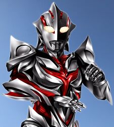 1boy alien armor blue_sky bluesky_username breastplate clenched_hand color_timer colored_skin commentary compound_eyes day dorsal_fin fighting_stance glowing glowing_eyes gradient_eyes hanejidyna86 highres looking_at_viewer male_focus multicolored_eyes multicolored_skin muscular muscular_male no_pupils outdoors pectorals red_skin shoulder_armor shoulder_pads silver_skin sky solo spread_fingers tokusatsu ultra_series ultraman:_the_next ultraman_nexus_(series) ultraman_the_next ultraman_the_next_junis upper_body white_eyes wrist_blades yellow_eyes