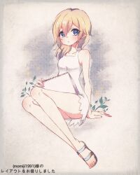 1girl :o bare_shoulders blonde_hair blue_eyes blush dress full_body highres holding holding_sketchbook kingdom_hearts kingdom_hearts:_chain_of_memories long_hair namine open_mouth sandals sketchbook sleeveless sleeveless_dress solo totoma white_background white_dress