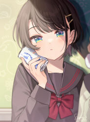1girl alternate_costume black_hair black_sailor_collar black_serafuku blue_eyes blurry blush bow can chalkboard collarbone depth_of_field fingernails hair_ornament hairclip hand_up highres holding holding_can hololive light_rays long_sleeves looking_at_viewer neck_ribbon oozora_subaru pouty_lips red_bow ribbon sailor_collar school_uniform serafuku shigure_ui shigure_ui_(vtuber) short_hair sidelocks signature solo solo_focus straight-on sunlight upper_body virtual_youtuber