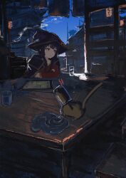 Rule 34 | 1girl, 1other, absurdres, brown hair, building, cape, chomusuke, city, cityscape, closed mouth, cup, dress, drinking glass, evening, gradient sky, hat, highres, horizon, kono subarashii sekai ni shukufuku wo!, koukouya, long hair, long sleeves, megumin, outdoors, purple sky, red dress, red eyes, scenery, short hair with long locks, sky, smile, spill, spilled drink, table, tavern, twilight, witch hat
