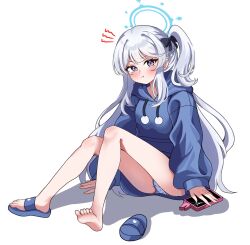 blue_archive blue_halo blue_hoodie blue_trimmed_panties cellphone felice_ykr grey_hair halo highres hood hoodie miyako_(blue_archive) miyako_(young)_(blue_archive) panties phone polka_dot polka_dot_panties purple_eyes trimmed_panties underwear