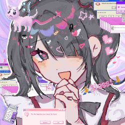 1girl :d abstract_background absurdres ame-chan_(needy_girl_overdose) artist_name big_yellow_cat_(omori) black_bow black_bowtie black_hair blush bow bowtie bright_pupils character_hair_ornament cometstellation commentary dot_nose english_commentary english_text eyes_visible_through_hair hair_ornament hair_over_one_eye hands_up heart heart-shaped_pupils heart_hair_ornament highres looking_at_viewer medium_hair microsoft_windows needy_girl_overdose omori omori_(omori) open_mouth outline own_hands_clasped own_hands_together pien_cat_(needy_girl_overdose) pill pill_hair_ornament pink_pupils portrait purple_background self-harm short_sleeves simple_background smile solo something_(omori) sparkle star_(symbol) star_hair_ornament symbol-shaped_pupils twintails white_outline windows_95 windows_classic