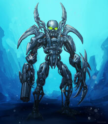 arm_blade arm_cannon bionicle full_body glowing glowing_eyes green_eyes highres humanoid_robot hydraxon_(bionicle) kory_cromie looking_at_viewer mask robot science_fiction standing the_lego_group underwater weapon
