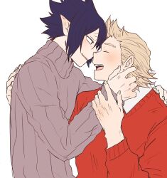 Rule 34 | 2boys, amajiki tamaki, blonde hair, blue hair, blush, boku no hero academia, commentary request, couple, dark blue hair, face-to-face, forehead-to-forehead, grey shirt, hand on another&#039;s back, hand on another&#039;s face, hand on another&#039;s wrist, heads together, long sleeves, looking at another, male focus, multiple boys, open mouth, parted lips, pointy ears, profile, red sweater, ribbed sweater, shirt, short hair, simple background, sleeves past wrists, smile, sweater, tama4664amat, teeth, togata mirio, tongue, turtleneck, upper body, upper teeth only, v-neck, white background, yaoi