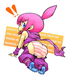 ! !! 1girl all_fours ario ass blue_eyes blue_socks blush clothes_pull from_behind kat_(warioware) loli looking_at_viewer looking_back ninja nintendo open_mouth panties pants pants_pull pink_hair pink_panties ponytail purple_pants purple_scarf purple_shirt scarf shirt short_hair socks striped_clothes striped_panties surprised tank_top teeth underwear warioware white_background wristband
