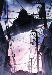 absurdres ace_combat ace_combat_7 aerial_battle aircraft airplane antennae battle blue_sky building cloud cloudy_sky commentary_request contrail dogfight dust f-22_raptor fighter_jet from_below highres low-altitude_flight military_vehicle motion_blur mountainous_horizon no_entry_sign no_humans onigiri_maru_(maruchosu) outdoors power_lines road road_sign sign sky street tree utility_pole vehicle_focus watermark