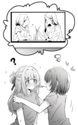 2girls ? blush commentary crazy_straw drinking_straw half_updo heart_straw highres long_hair lwmina70119 miyagi_shiori multiple_girls sendai_hazuki shirt short_hair short_sleeves shuuniichido_classmate_wo_kau_hanashi sidelocks speech_bubble sweatdrop thought_bubble yuri