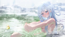1girl absurdres bare_arms blue_eyes blush breasts commentary_request commission completely_nude grey_hair hair_between_eyes hibiki_(kancolle) highres kantai_collection long_hair madai_(mappy) nude onsen open_mouth partially_submerged pixiv_commission rubber_duck shirt small_breasts solo steam stretching verniy_(kancolle) wet wet_clothes wet_shirt