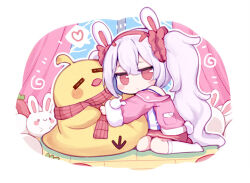 1girl :/ animal animal_ears animal_hug azur_lane bird blush_stickers camisole chibi chibi_only chick closed_mouth commentary_request fake_animal_ears fake_tail full_body fur-trimmed_sleeves fur_trim hair_ornament hair_scrunchie hairband heart jacket jitome laffey_(azur_lane) long_hair long_sleeves looking_at_viewer manjuu_(azur_lane) no_shoes open_clothes open_jacket oversized_animal pink_jacket rabbit_ears rabbit_tail red_eyes red_hairband red_scrunchie red_skirt scrunchie sitting skirt speech_bubble spoken_heart strap_slip sudango tail thighhighs twintails very_long_hair white_camisole white_hair white_thighhighs