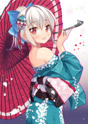 1girl at-yui bare_shoulders bow female_focus from_side hair_bow hair_ornament highres holding holding_smoking_pipe japanese_clothes kine kiseru mallet moon_rabbit off_shoulder oil-paper_umbrella original petals ponytail rabbit silver_hair smoking_pipe solo umbrella