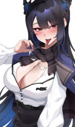 1girl belt black_hair black_skirt blue_hair blush breasts cleavage demon_horns glasses highres holding holding_removed_eyewear hololive hololive_english horns jewelry large_breasts lessone long_hair looking_at_viewer mole mole_under_eye multicolored_hair necklace nerissa_ravencroft nerissa_ravencroft_(casual) red_eyes scarf shirt simple_background skirt solo tongue tongue_out two-tone_hair unworn_eyewear very_long_hair virtual_youtuber white_background white_shirt