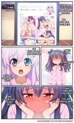 barefoot black_hair black_heart_(neptunia) blue-senpai blush breast_press breasts comic cowgirl_outfit feet footjob hands_on_own_face indoors large_breasts long_hair lying multiple_girls nepgear neptune_(series) noire_(neptunia) nude open_mouth pajamas purple_hair rabbit_ears red_eyes soles symmetrical_docking toes twintails uni_(neptunia)