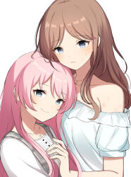 2girls bang_dream! bang_dream!_it&#039;s_mygo!!!!! blue_shirt blush brown_hair chihaya_anon commentary dress grey_dress grey_eyes hand_on_another&#039;s_chest heart heart_necklace hickey highres hiruver jewelry long_hair multiple_girls nagasaki_soyo necklace off-shoulder_shirt off_shoulder pinafore_dress pink_hair plaid_clothes plaid_dress shirt simple_background sleeveless sleeveless_dress smile star_(symbol) star_necklace sweatdrop teeth upper_body white_background white_shirt yuri