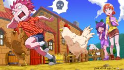 1boy 2girls barn barrel bird book bow breasts chicken cow del-chan dress farm fence green_bow green_eyes highres jas_(stardew_valley) multiple_girls orange_hair penny_(stardew_valley) purple_dress purple_hair red_hair shirt shoes short_hair short_pants sideboob sitting sky stardew_valley striped_clothes striped_shirt vincent_(stardew_valley) wariza