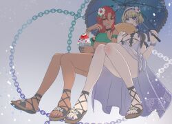 2girls bikini blonde_hair blue_eyes bracelet breasts constance_von_nuvelle constance_von_nuvelle_(summer) dark-skinned_female dark_skin drill_hair drill_sidelocks fire_emblem fire_emblem:_three_houses fire_emblem_heroes flower folding_fan food green_bikini hair_flower hair_ornament hairband hand_fan hapi_(fire_emblem) hapi_(summer)_(fire_emblem) highres holding holding_umbrella ice_cream jewelry large_breasts medium_breasts medium_hair multicolored_hair multiple_girls navel nekoyashiki_08 nintendo official_alternate_costume one-piece_swimsuit parasol purple_hair red_eyes red_hair sarong shaved_ice short_hair sidelocks swimsuit umbrella underboob white_one-piece_swimsuit white_sarong