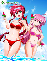 amitie_florian bikini blue_sky braid cloud commentary_request day food green_eyes hairband highres kyrie_florian long_hair lyrical_nanoha mahou_shoujo_lyrical_nanoha mahou_shoujo_lyrical_nanoha_a&#039;s mahou_shoujo_lyrical_nanoha_a&#039;s_portable:_the_gears_of_destiny official_style outdoors pink_bikini pink_hair popsicle purple_eyes rappasan05 red_bikini red_hair siblings sidelocks single_braid sisters sky soaking_feet swimsuit water watermelon_bar white_hairband