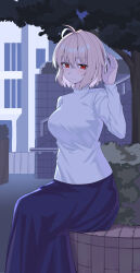 1girl absurdres ahoge arcueid_brunestud blonde_hair breasts building highres jishui3q large_breasts looking_at_viewer purple_skirt red_eyes short_hair sitting skirt smile sweater tree tsukihime tsukihime_(remake) turtleneck turtleneck_sweater waving