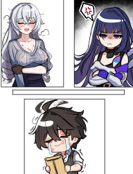 1boy 2girls adam_(honkai_impact) after_kiss aftersex anger_vein bronya_zaychik bronya_zaychik_(silverwing:_n-ex) brown_hair grey_hair hickey highres honkai_(series) honkai_impact_3rd mini2chainz multiple_girls purple_hair raiden_mei see-through_clothes speech_bubble upper_body wet