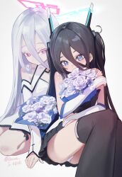2girls absurdres aris_(blue_archive) aris_(mecha_suit)_(blue_archive) artist_name bare_shoulders black_hair black_skirt black_thighhighs blue_archive blue_eyes bouquet chinese_commentary closed_mouth clothing_cutout commentary_request commission commissioner_name dress elbow_gloves flower gloves hair_between_eyes hand_on_another&#039;s_shoulder highres holding holding_bouquet kei_(blue_archive) kei_(new_body)_(blue_archive) long_bangs long_hair looking_at_viewer mixed-language_commentary multiple_girls official_alternate_costume official_alternate_hairstyle panties purple_eyes purple_flower rescat shirt shoulder_cutout skirt sleeveless sleeveless_shirt thighhighs two_side_up underwear white_dress white_gloves white_hair white_panties white_shirt