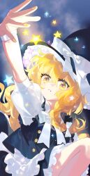 1girl absurdres apron black_hat black_skirt black_vest blonde_hair bow bowtie braid cloud cloudy_sky eikoo feet_out_of_frame hair_bow hat hat_bow highres kirisame_marisa long_hair night open_mouth outstretched_hand puffy_short_sleeves puffy_sleeves shiny_eyes shirt short_sleeves single_braid skirt sky solo star_(sky) star_(symbol) touhou vest white_apron white_bow white_bowtie white_shirt witch_hat yellow_eyes