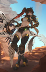 1girl :d absurdres antenna_hair armor black_shorts blue_eyes blue_sky breasts brown_hair character_request chest_sarashi commentary_request commission di_le_to full_body gauntlets hand_on_own_hip highres holding holding_weapon long_hair looking_at_viewer medium_breasts midriff multicolored_hair navel open_mouth original outdoors red_hair sarashi shorts sky smile solo standing termichan_(not-a-bot) thighs two-tone_hair weapon