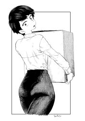 1girl absurdres ass box cardboard_box carrying commentary_request cropped_legs ez_tanishi from_behind greyscale highres long_sleeves looking_back monochrome open_mouth original pants shirt shirt_tucked_in short_hair signature solo