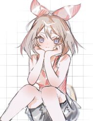 Rule 34 | 1girl, bike shorts, bike shorts under shorts, blue eyes, bow hairband, brown hair, c0smi5, commentary, grid background, hairband, hand on own chin, may (pokemon), nintendo, pokemon, pokemon oras, red hairband, red shirt, shirt, short hair, shorts, solo, white background