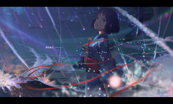 10s 1girl black_eyes black_hair copyright_name crying crying_with_eyes_open female_focus highres japanese_clothes kimi_no_na_wa. kimono leng_sediao_kafei long_hair looking_at_viewer md5_mismatch meteor miyamizu_mitsuha outdoors red_ribbon ribbon sash short_hair solo spoilers tears yukata