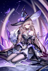 Rule 34 | 1girl, artist name, ascot, bare shoulders, black choker, black dress, black hat, brown hair, choker, detached sleeves, dress, grey pantyhose, hand in own hair, hat, herta (honkai: star rail), highres, honkai: star rail, honkai (series), key, long hair, long sleeves, looking at viewer, pantyhose, purple eyes, sheya, signature, sitting, smile, solo, strapless, strapless dress, the herta (honkai: star rail), very long hair, white ascot, witch hat