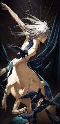 1boy absurdres air_(ai_r_) bird blue_hair closed_eyes crow curtains extra_arms grin halo highres jujutsu_kaisen long_hair mahito_(jujutsu_kaisen) male_focus smile solo stitched_arm stitched_face stitched_neck stitches