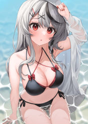 1girl absurdres bikini black_bikini black_hair blush braid breasts cleavage grey_hair hair_ornament highres hololive large_breasts long_hair looking_at_viewer multicolored_hair nikahoshikuzu red_eyes sakamata_chloe see-through_clothes solo streaked_hair swimsuit virtual_youtuber x_hair_ornament