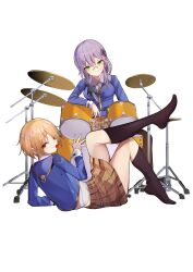 Rule 34 | 2girls, blonde hair, blue jacket, blush, breasts, drum, drum set, glasses, green eyes, grey hair, hair ornament, hair over one eye, hair over shoulder, hairclip, heaven burns red, highres, instrument, izumi yuki (heaven burns red), jacket, kayamori ruka, long hair, long sleeves, low-tied long hair, lying, multiple girls, necktie, on back, one eye covered, red eyes, red necktie, round eyewear, shirt, short hair, skirt, tsukune2398, white shirt