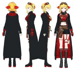 1girl artist_request belt black_boots black_coat black_shorts blonde_hair boots brown_belt chest_belt closed_mouth coat colored_shoe_soles commentary cropped_sweater double-parted_bangs earrings full_body gloves goggles goggles_on_head hairband hammer highres hololive hololive_indonesia hood hooded_coat jewelry kaela_kovalskia kaela_kovalskia_(4th_costume) knee_boots lace-up_boots looking_at_viewer mallet medium_hair midriff multiple_views navel o-ring o-ring_thigh_strap official_art open_clothes open_coat pouch red-tinted_eyewear red_eyes red_gloves red_hairband red_sweater reference_sheet ribbed_sweater ring second-party_source short_shorts shorts simple_background single_earring single_glove single_sidelock sleeveless sleeveless_sweater sleeves_past_wrists smile straight-on sweater swept_bangs tachi-e thigh_pouch thigh_strap thighlet tinted_eyewear turnaround underbust virtual_youtuber white_background