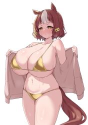 1girl animal_ears berno_light_(umamusume) bikini blush breasts brown_hair cardigan cleavage gold_bikini hair_ornament horse_ears horse_girl horse_tail huge_breasts letter_hair_ornament multicolored_hair navel noe_(ppppriver) open_cardigan open_clothes removing_shirt short_hair solo standing sweat swimsuit tail two-tone_hair umamusume umamusume:_cinderella_gray white_background white_hair yellow_eyes