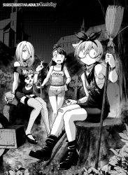 3girls absurdres alternate_costume band_shirt bandages boots bra bracelet breasts broom choker cigarette collarbone dolphin_shorts fishnet_legwear fishnets flat_chest garter_straps geewhy glasses greyscale hair_over_one_eye highres holding holding_broom holding_cigarette jewelry kagari_atsuko little_witch_academia long_hair looking_at_viewer lotte_jansson merchandise misfits monochrome multiple_girls odd_one_out open_mouth punk round_eyewear semi-rimless_eyewear short_hair shorts sitting small_breasts smile smoking standing sucy_manbavaran teeth thighhighs under-rim_eyewear underwear upper_teeth_only watermark web_address